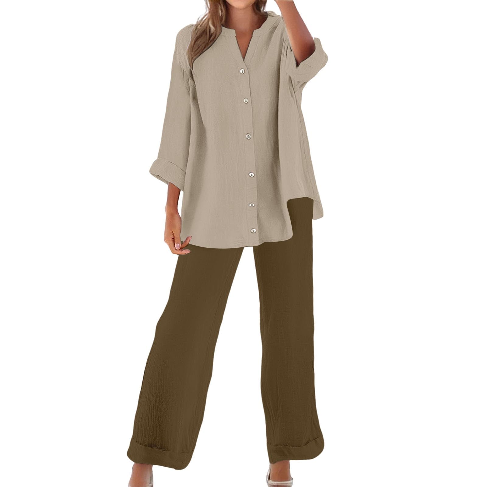 Ensemble Femme Chic Et Elegant Coton Et Lin Lâche Respirant T-Shirts + Pantalon Streetwear Tenue De Sport Costume Tailleur Décontracté Tenue De Plage Loungewear Set Pantalon Survetement