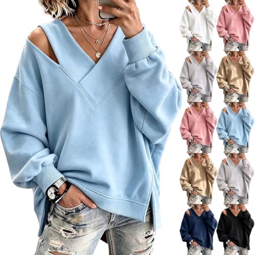 MESSIYO Off Shoulder Tops For Women Fall Cute Long Sleeve Shirts Sky Blue - image 1