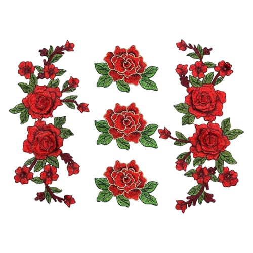 JIHUOO Lot de 5 grands écussons brodés en forme de rose rouge à thermocoller ou à coudre sur le tissu