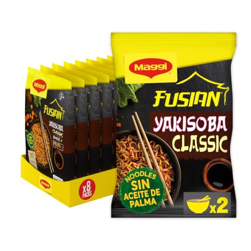 Maggi Yakisoba Fusian Noodles Classic pack 8x120g | Fideos Yakisoba sabor clásico con salsa y hortalizas deshidratadas. Comida rápida estilo oriental con noodles de trigo.
