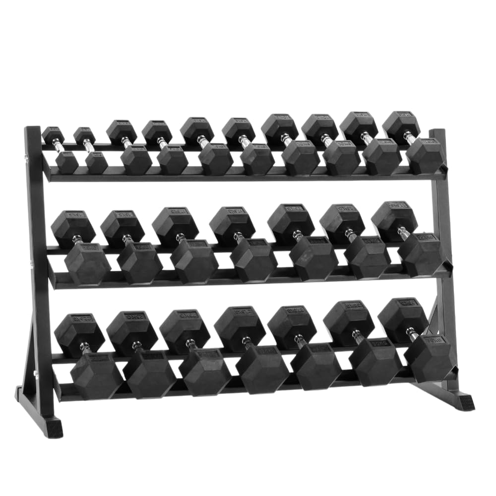 Hex Weights Dumbbells Set 2.5-50kg Pairs Options With Horizontal 3 Tier Rack Stand. Cast Iron Gym Weights Equipment For Home And Commercial Use For Both Men And Women
