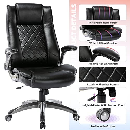 High Back Executive Office Chair 300Lbs-Ergonomic Leather Computer Desk Chair With Flip-Up Armrest, Thick Bonded Leather Office Chair For Comfort And Lumbar Support, Adjustable Rock Back Tension-Black #TOP3