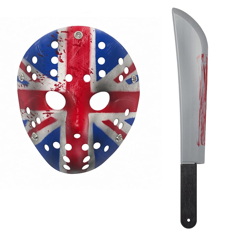 Ultra Scary Halloween Hockey Mask - Horror Costume & Adults and Kids - Halloween Parties and Events - Perfect Scary Costume Accessory - Serial Killer – British Flag Mask & Machete — image 1