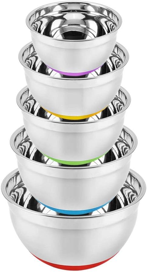 5pcs Stainless Steel Mixing Bowls Silicone Bottom Salad Bowl Prepping with Lids Dinnerware