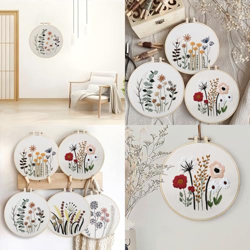 Image of GOGLAM Embroidery Kit for Beginners, 5 Sets Cross Stitch Kits, Needlepoint Kits Adults Beginner with Stamped Flower Pattern, Hoop, Needle, Easy Crafts Kits for Adults