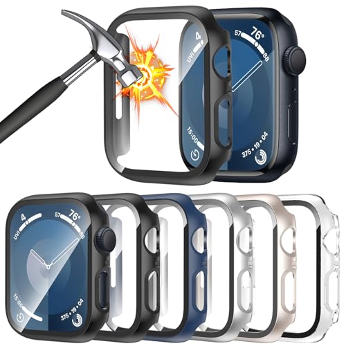 HAANILKYI [6 Pack] for Apple Watch Case 45mm Series 9 8 7 Screen Protector, Ultra-Thin Tempered Glass Full Coverage Hard PC Protective Face Cover for iWatch 45 mm