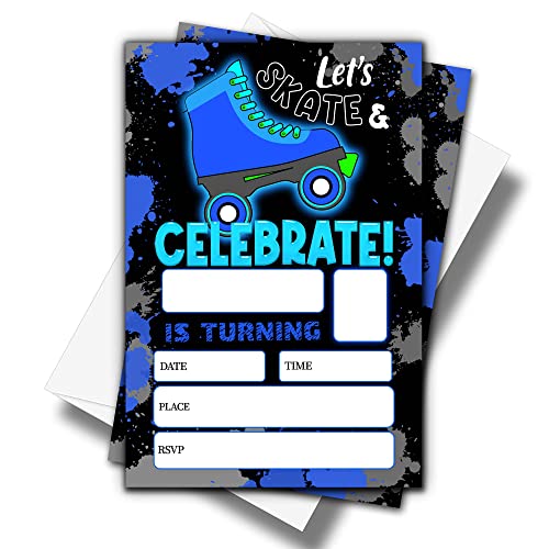 ONDTOM Blue Roller Skating Birthday Party Invitations With Envelopes(4