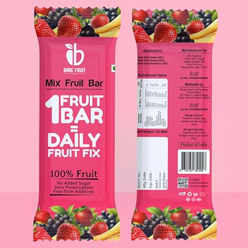 Image of Barefruit 100% Mix Fruit Bar|Healthy Breakfast Diet Energy Snacking Bar For Kids & Adults|Plant Based Protein & Fibre- Rich In Vitamin A,C|No Added Sugar,Zero Preservatives (Pack of 3 (18 unit)),200 G