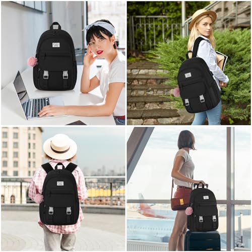 Image of WINDARS School Backpack with Lunch Box for Teen Girls, Cute College Backpacks for Women Students Aesthetic Bookbag Large 15.6 Inch Laptop Bag Middle School Travel Back Pack (Black-3 Pcs)