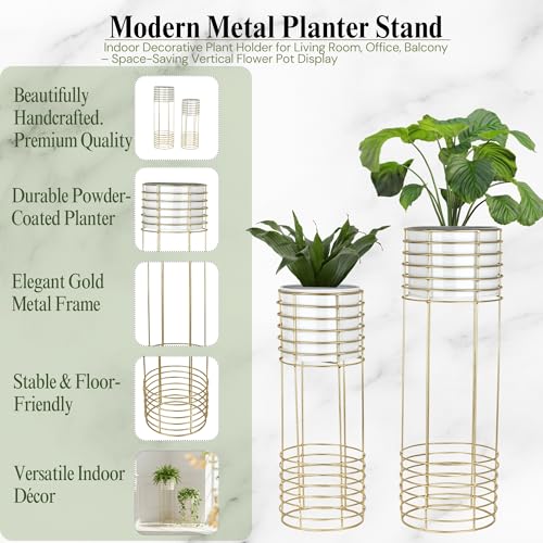 Image of Metal Floor Planter with Stands (Set of 2), Modern Tall Planter for Home Decor, Decorative Plantpot for Living Room Balcony Office, Big Plant Stand with Pots (Plants not Included) (White Pot & Gold Stand)