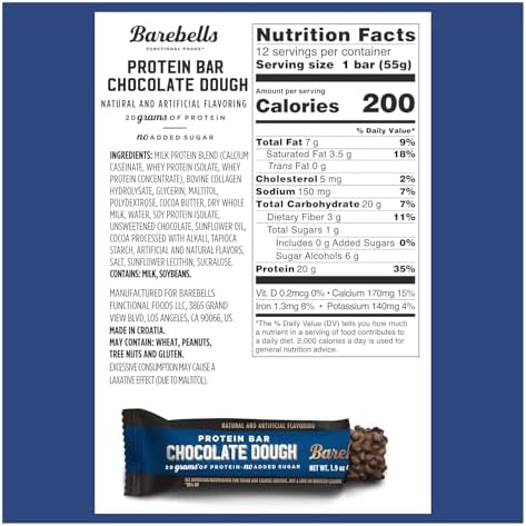 Barebells Protein Bars Chocolate Dough – 12 Count, 1.94oz Each, 20g Protein, 1g Sugar – Chocolate Snack or Breakfast Bar