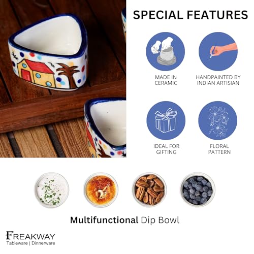 Image of Freakway Hand Painted White Ceramic Dip Bowls Set of 2, 40Ml for Serving Chutney /Pickle (HUT TGL)
