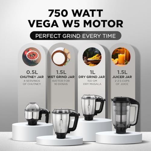 Preethi Plastic Zodiac Cosmo Mixer Grinder For Kitchen,5 Jars 750 Watt Mixie(Super Extractor Juicer Jar&Master Chef + Food Processor Jar),Black(Mg236) (Image - 3)