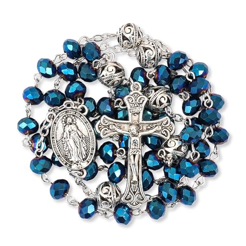 Nazareth Store 8mm Crystal & 10mm Alloy Mystery Prayer Beads Rosary Necklace Miraculous Medal and Catholic Cross