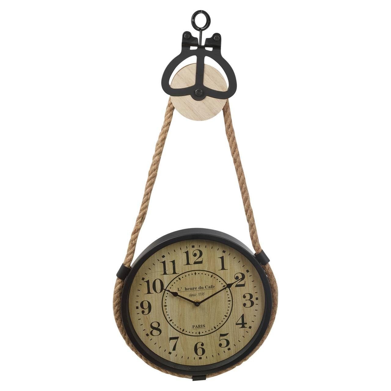 URBNLIVING Industrial Hanging Wall Clock with Rope Pulley Suspension, Vintage Parisian Cafe Dial, Metal & Wood Rustic Retro Timepiece for Kitchen Living Room Hallway Decor
