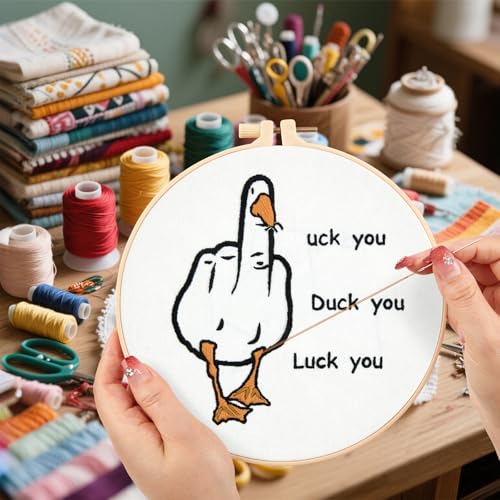 Image of Middle Finger Duck Embroidery Kits for Beginners Adults, Funny Embroidery Starter Kits, Counted Cross Stitch Kits for Beginners DIY Craft Kits for Adult Women, Embroidery Hoop, Thread & Video Tutorial