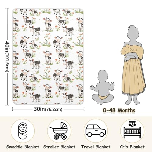 Image of Nursery Bed Blankets for Baby Boy or Girl Soft Warm Stroller Throw Blanket for Infant Toddler Kid Crib Bedding 30X40in Cartoon Cute Cow White