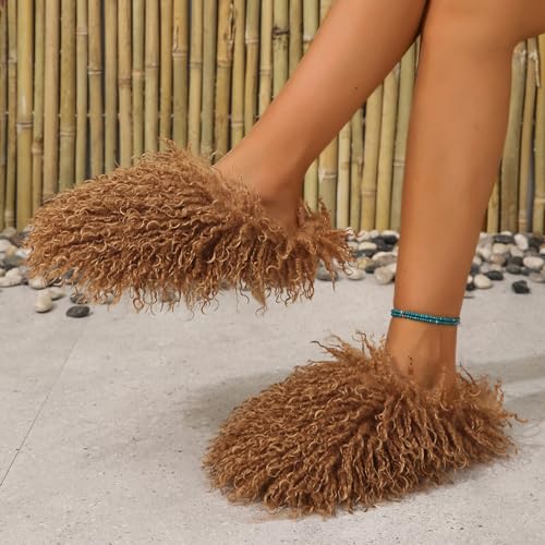Image of Unisex Fuzzy Faux Fur Slippers, Women's Fluffy Long Hair Sheep Faux Fur Slip on Slides, Girls Luxury Big Fluffy Outdoor Flat Slippers, Long Curly Hair Non-Slip Warm Home Slide Shoes