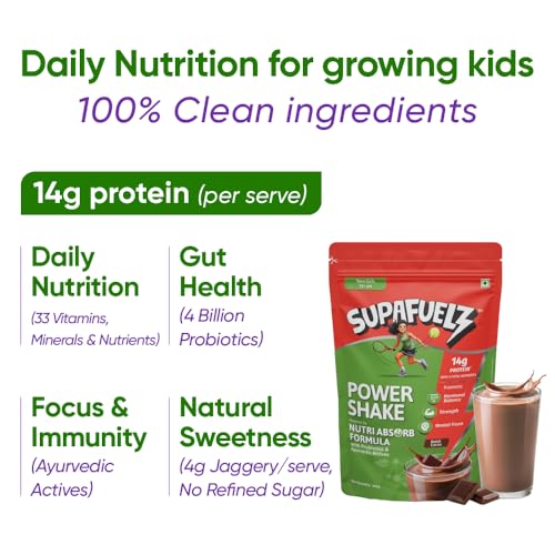 Image of Power Shake Teen Girls 13+ Yrs | Height & Strength Drink | 14g Protein, 33 Nutrients, Probiotics & Ayurvedic Actives| Daily Nutrition drink supports Height, Strength & Focus | Chocolate 400g | Safe Nutrition Drink For Teens