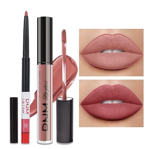 evpct Juego de 2 delineadores de labios y lápiz labial color rosa nude, conjunto de maquillaje DNM marrón líquido lápiz labial brillo de labios