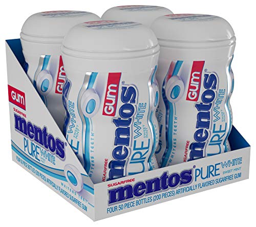 Mentos Pure White Sugar-Free Chewing Gum with Xylitol, Sweet Mint, 50 Piece Bottle (Bulk Pack of 4)