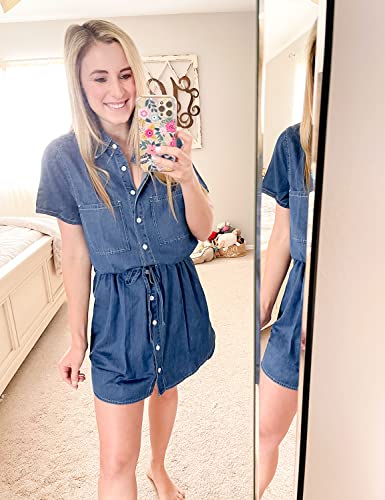 Luvamia Women's Casual Denim Dress Short Sleeves Tie Waist Button Down Denim Short Jean Dress Classic Blue Size M #TOP1