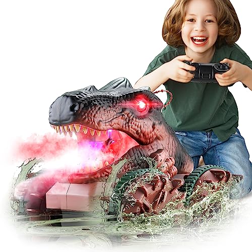BEZGAR Dinosaur Monster Trucks for Boys 4-7, 2.4Ghz Amphibious Remote Control Car with Light & Spray Function,Waterproof RC Boat Summer Beach Pool Gift,Dinosaur Toys for 3 4 5 6 7 8 Year Old Boy Girl