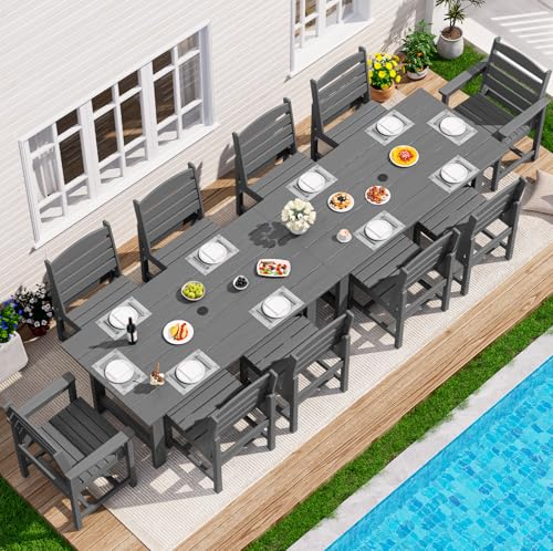Image of SERWALL Outdoor Dining Sets for 10 Person, HDPE Dining Set with 2 Tables, 8 Armless Chairs and 2 Armed Dining Chairs, Gray
