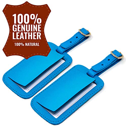 Logical Leather Luggage Tag Genuine Leather Travel Id Tags With Adjustable Leather Strap, Address Card And Privacy Cover, Cyan, Set Of 2 #TOP3