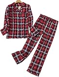 CHUNG Damen-Schlafanzug-Set, gebürstete Baumwolle, langärmelig, Knopfleiste, Oberteil, Hose, Flanell, Nachtwäsche, Lounge, gemütlich, warm, Winter, Übergröße, Rotes Tartan-Muster, 36