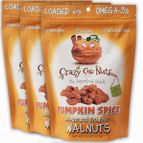 Crazy Go Nuts Pumpkin Spice Walnuts - Flavored Walnuts, Sugar Glazed On the Go Snack, Roasted Nut Pieces, Natural Flavor for Baking, Vegan, Non-GMO, Source of Omega-3-4.5oz (3-Pack)