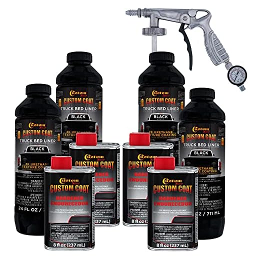 Custom Coat Black 1 Gallon Urethane Spray-On Truck Bed Liner Kit with Spray Gun and Regulator - Easy 3 to 1 Mix Ratio, Just Mix, Shake and Shoot It - Professional Durable Textured Protective Coating