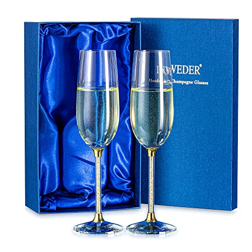 Inweder Copas de Champán Cristal Novios Boda - Juego de 2 Copas de Champán Doradas Personalizadas con Caja Regalo Juego Regalo Flauta Champán para Cumpleaños Compromiso Aniversario Novia Novio Cover