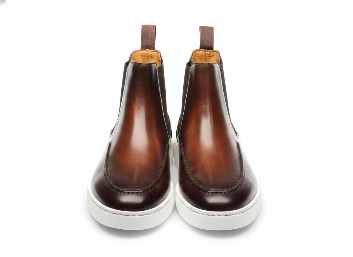 Men’s Mid Brown Chelsea Sneaker Boots | Premium Leather Hybrid Chelsea Boots with White Sole | Smart Casual Luxury Boots-image-13