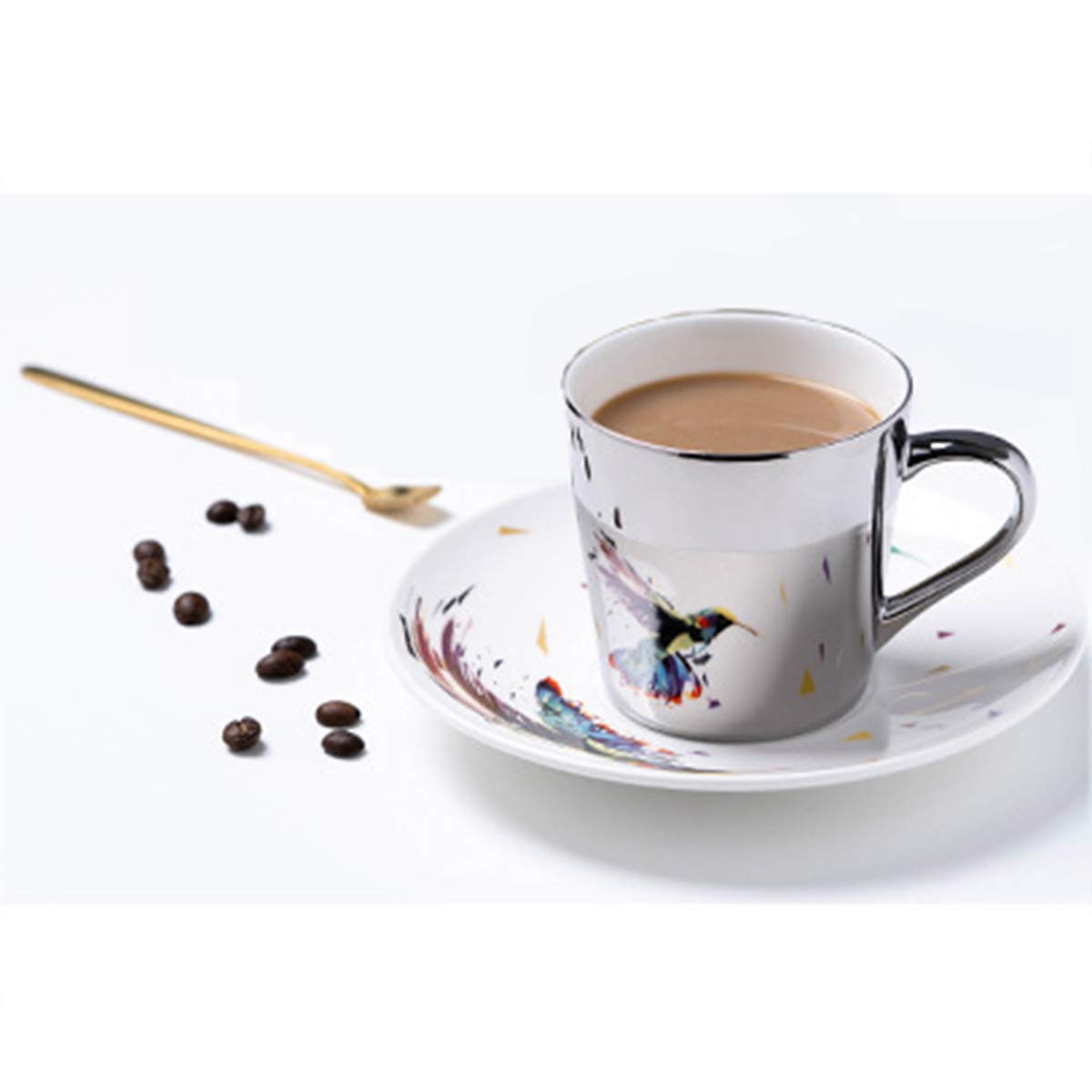 Tasse Miroir à Réflexion Dynamique 200 Ml En Céramique Créative Pour Thé De L'après-midi, Tasse à Café Et Plat Pour Bureau, Maison, Restaurant, Café, Colibri Doré, 201-300 Ml