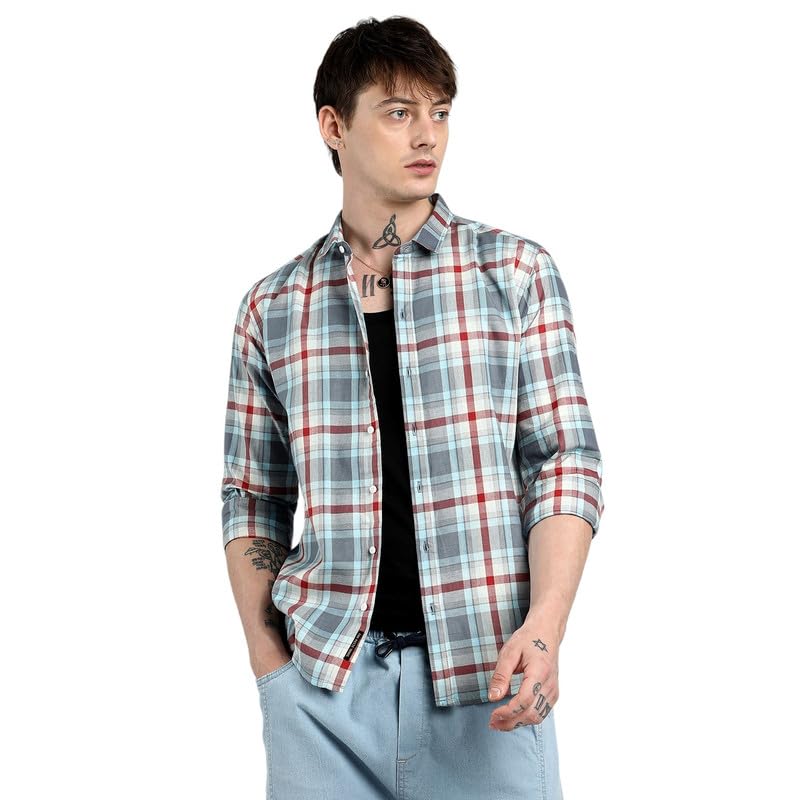 Image of Campus Sutra Men's Steel Blue Tartan Plaid Shirt for Casual Wear | Spread Collar | Long Sleeve | Button Closure | Shirt Crafted with Comfort Fit for Everyday Wear