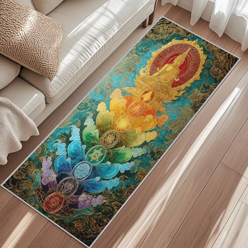 Tapis de Couloir Statue du Bouddha Doré, Lavable et Antidérapant, Tapis Long Méditation Chakras Coloré pour Cuisine, Entrée, Salon, Chambre, Décoration Intérieure, Descente de Lit 90x200 cm i5&56