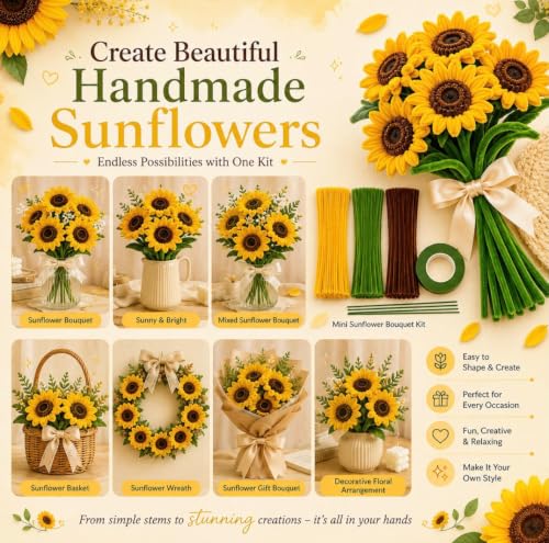 Image of RUHANI 300 Pieces Pipe Cleaner Sunflower Bouquet Kit, Chenille Flower Craft Set