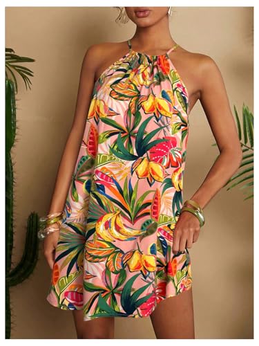 Image of SweatyRocks Women's Tropical Print Halter Dresses Sleeveless Holiday Summer Mini Dress