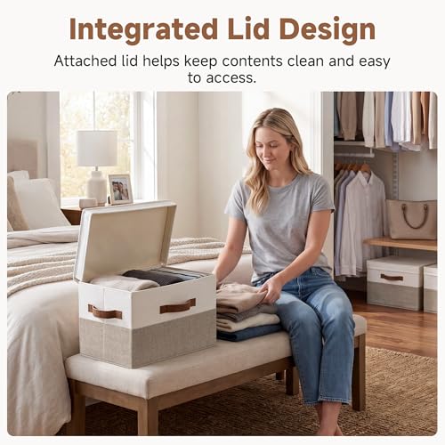 Image of StorageWorks Fabric Storage Bins with Lid, Decorative Storage Boxes for Shelves, Stackable Closet Organizer Basket with Handles, Large, Brown and White, 2-Pack