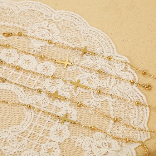 BROCC 9PCS Chain Cross Bracelet for Women 18K Gold Plated Cross Chain Charm Bracelets Adjustable Simple Link Chain Bracelets Faith Jewelry4