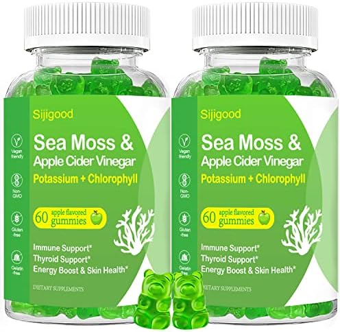 2 Pack Sea Moss Gummies, Organic Irish Sea Moss with Apple Cider Vinegar, Potassium Iodide, Chlorophyll, Natural Deodorant Thyroid Digestion Energy Skin Hair & Immunity, Adults Kids Women Men, 120Ct