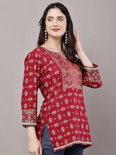 Image of Women's Pink Printed Short Kurti with Lace Trim, 3 /4 Sleeves, Ethnic Indian Style Top