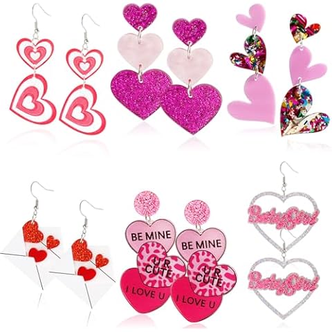 Valentine Earrings for Women Heart Earrings Dangling Acrylic Heart Drop Earrings For Women Love Heart Dangle Earrings Valentine's Day Earrings Babygirl Mother's Day Gift 6 Pairs Cover