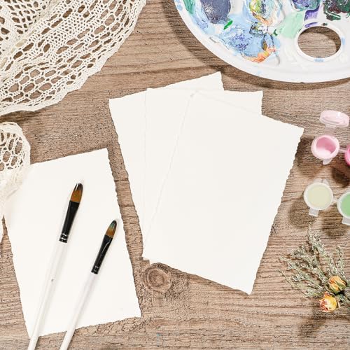 Image of Prudiut 25 Sheets Cotton Watercolor Paper, 300 GSM, 4 x 6 inch, White, Textured, Deckled Edge, Ideal for Watercolors, Wedding Invitations, Cards, Crafts