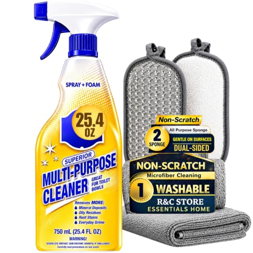 R&C Store Essentials Home Cleaning Bundle Kit Includes Multi-Purpose More Spray and Foam Cleaner 25.4 oz + 2 Dual Scrub Sponges Kitchen & Bathroom Cleaning Set