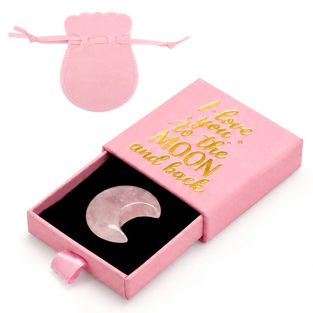WALLFID Natural Crystal Keepsake Stone Set, Moon Heart Star Stones with Pink Velvet Pouch, Romantic Gift for Girlfriend Wife Her, Valentine’s Day Birthday Christmas