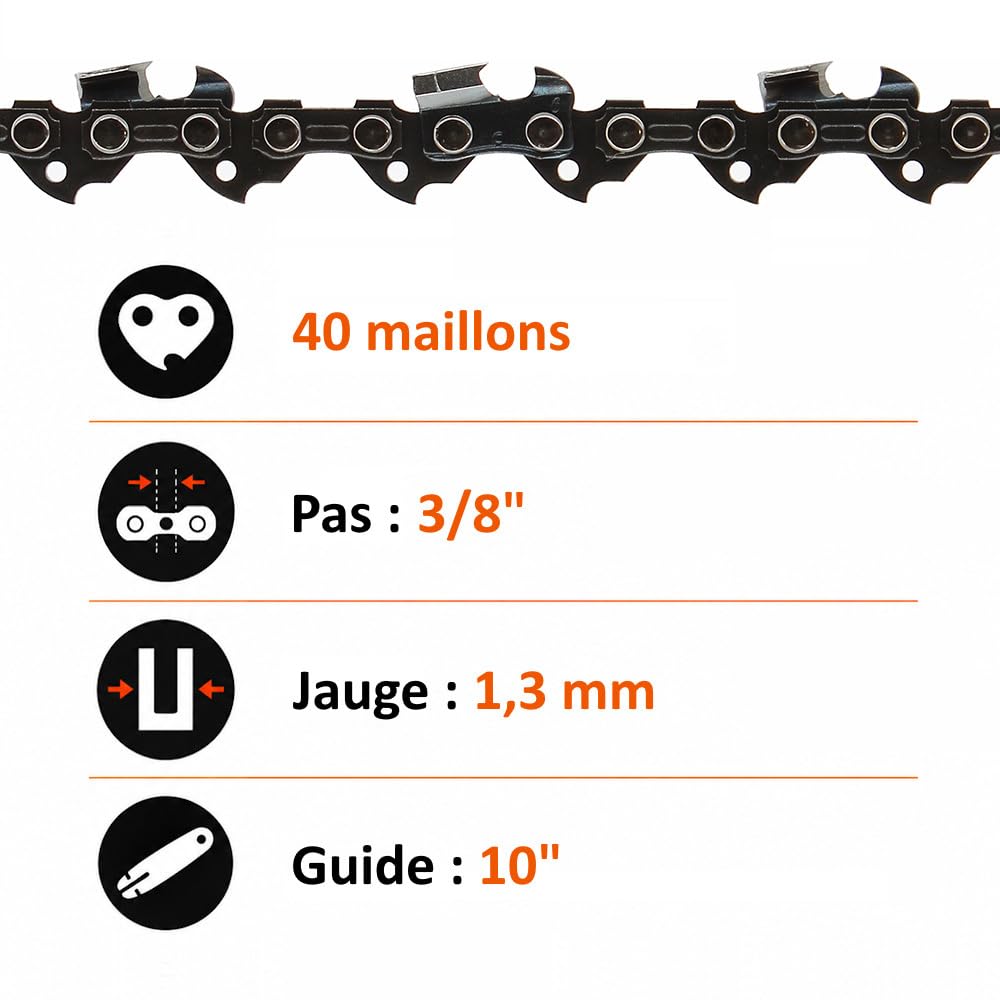GT Garden Guide 10 Pouces (26 cm) avec Lot de 3 chaînes 40 maillons pour tronçonneuse élagueuse 25 cm3