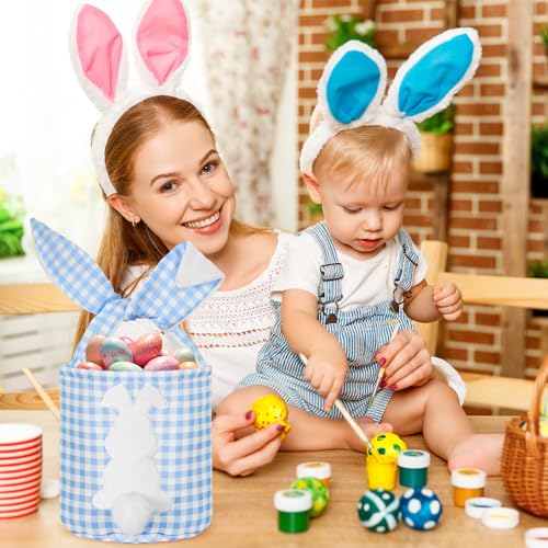 Image of 6 Pcs Bunny Canvas Bags Rabbit Print Basket with Foldable Ears Candy Goodie Bunny Tote Gift Bag for Birthday Party Decorations Supplies(Cute Color,Plaid)
