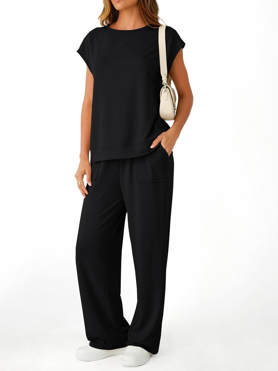 AUTOMET Women's 2 Piece Lounge Set Casual Cap Sleeve Top Wide Leg Pants Summer Vacation Outfits - Image 3